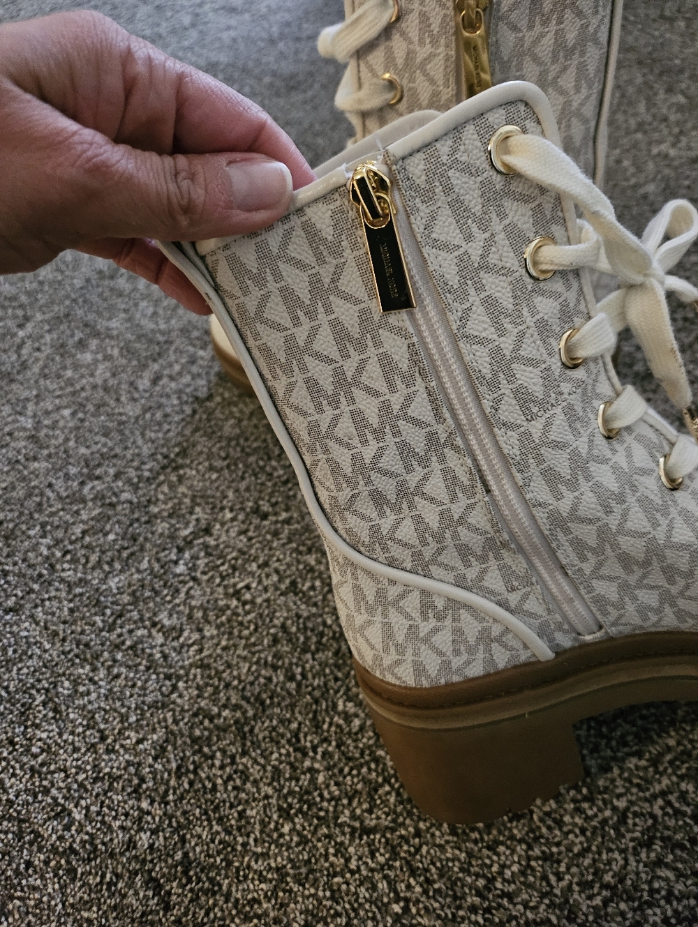 Michael Kors Cream/White Logo Lace-Up Combat Boots - Picture 3 of 6